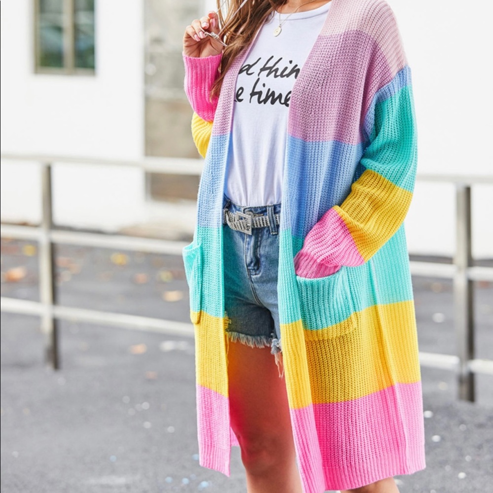 Patch Pocket Front Wide Rainbow Stripe Cardigan